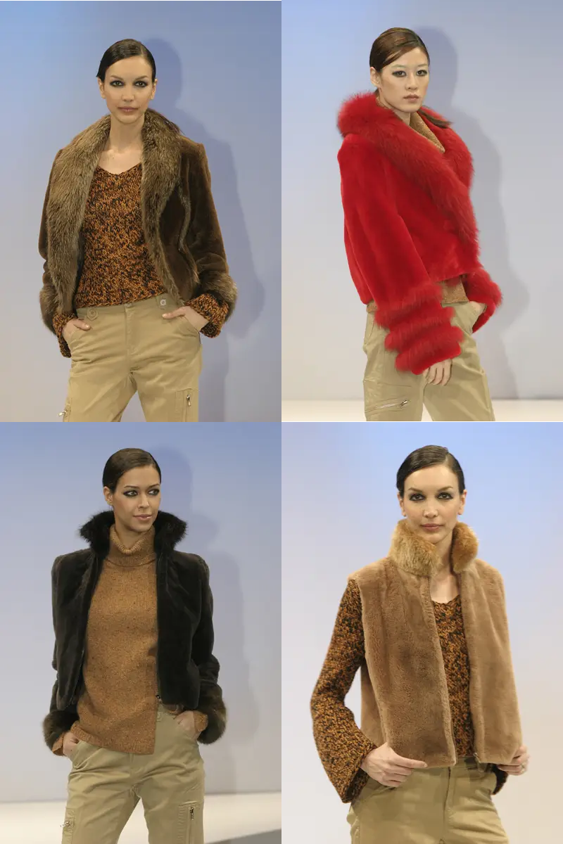 Women modeling four different styles of nutria fur coats